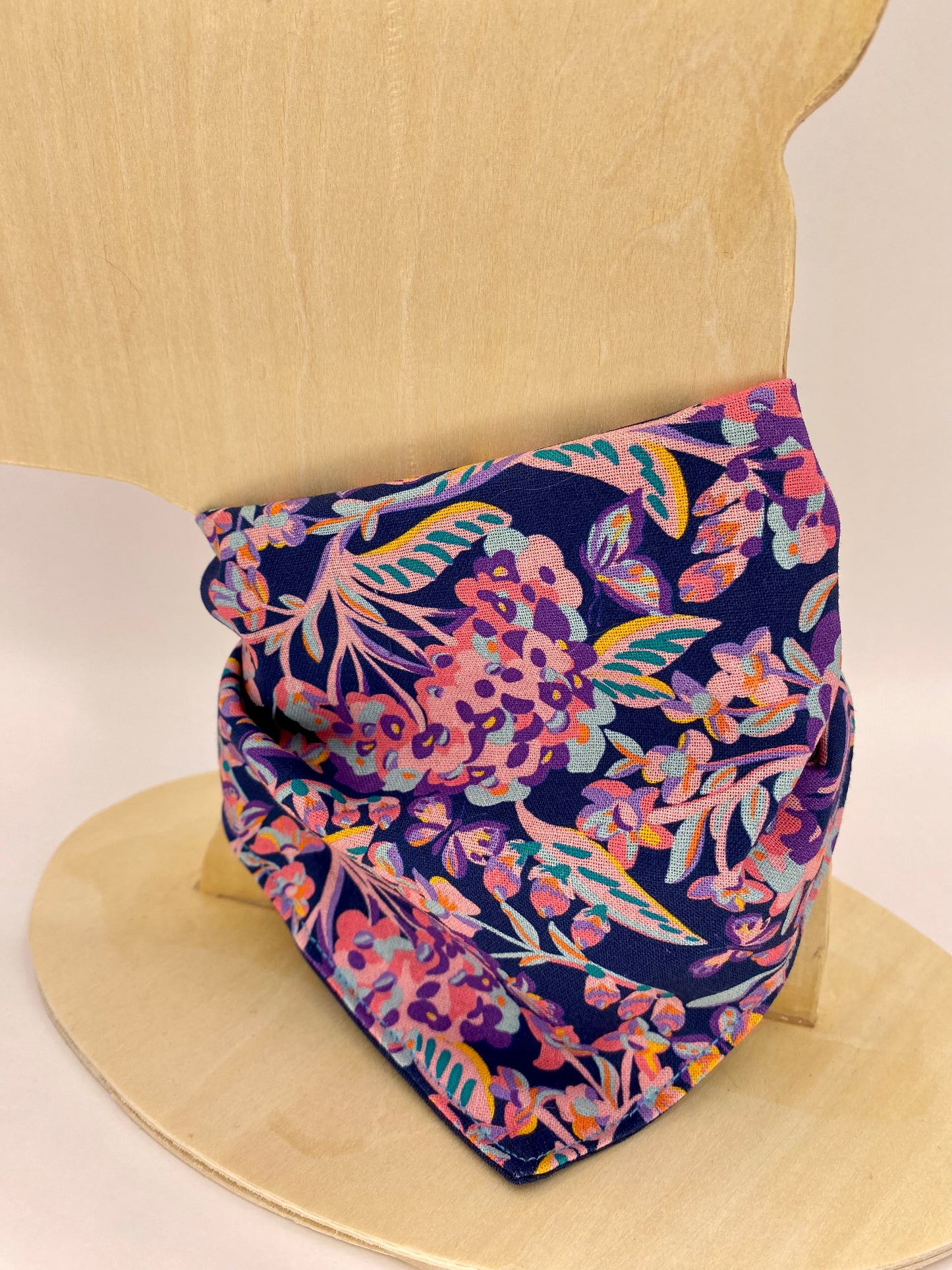 Tie on Dog Bandana, Reversible Dog Bandana, Navy Flowers