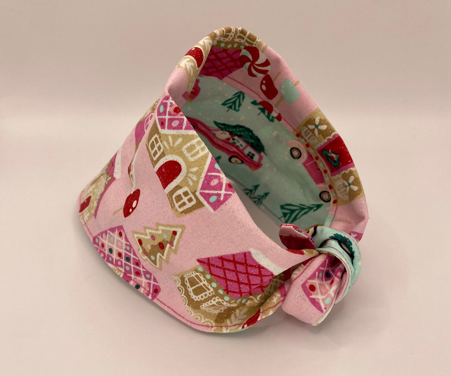 Tie On Dog Bandana, Reversible Dog Bandana, Glitter Gingerbread Houses & Cars