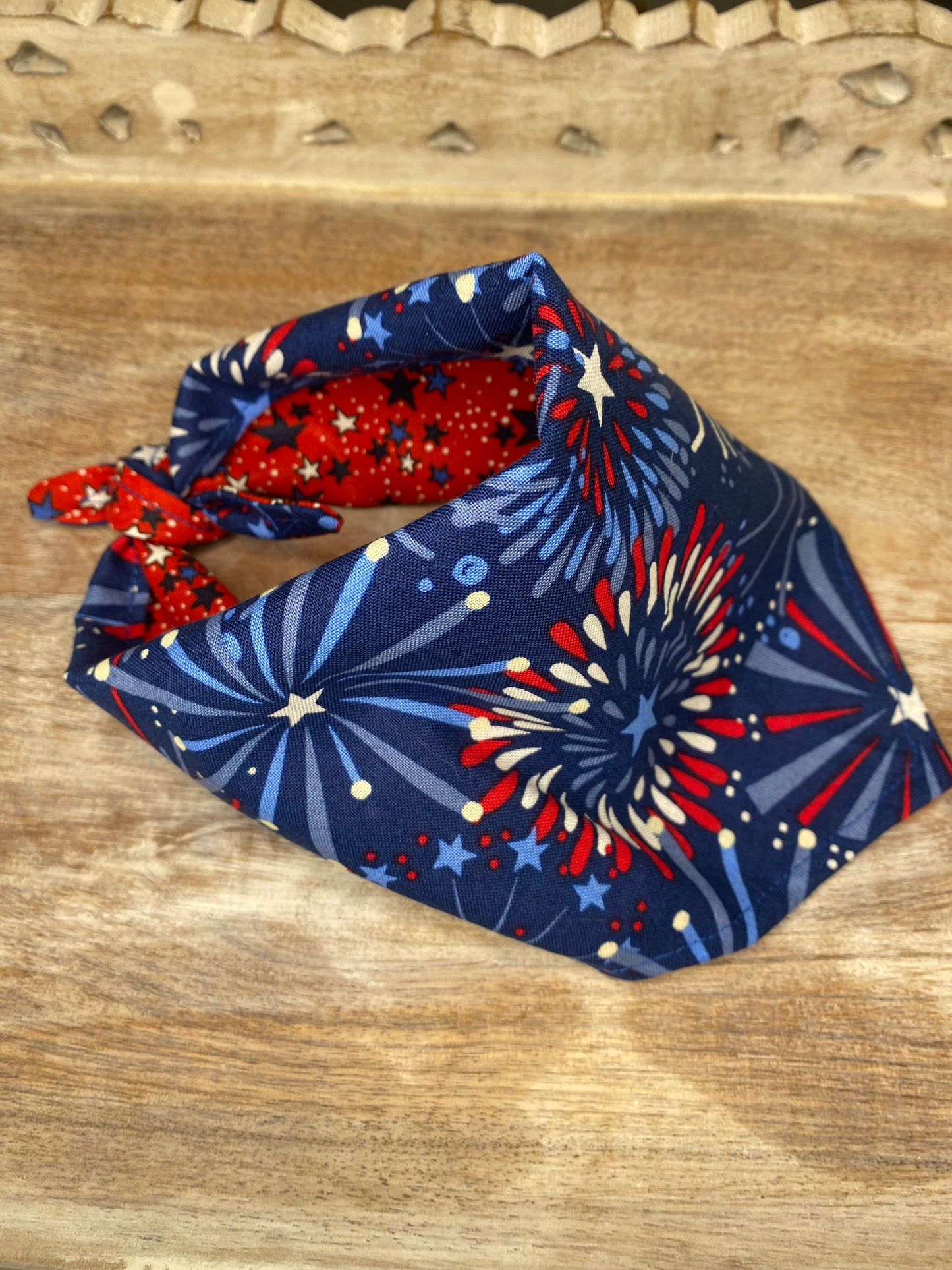 Tie on Dog Bandana, Reversible Dog Bandana, Fireworks & Stars