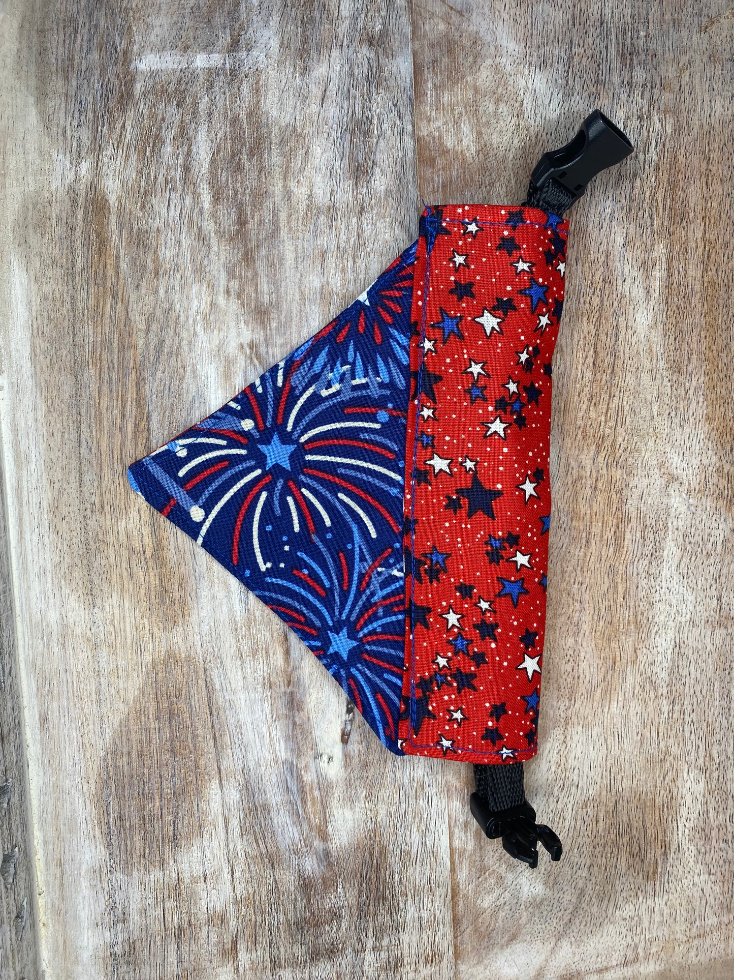 Over the Collar Dog Bandana, Reversible Dog Bandana, Red Stars & Fireworks