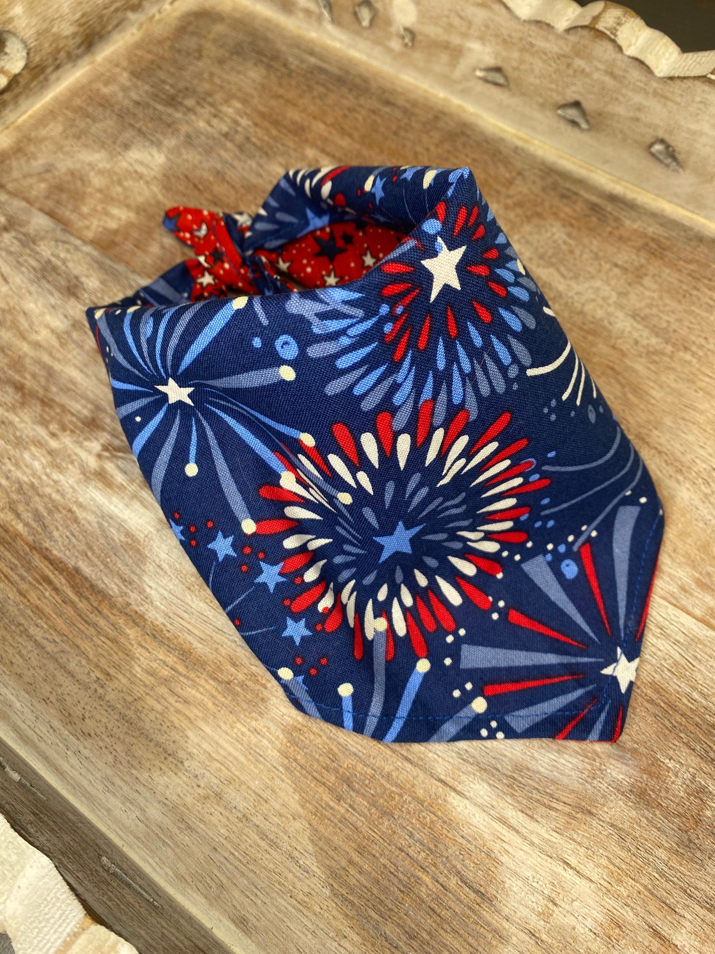 Tie on Dog Bandana, Reversible Dog Bandana, Fireworks & Stars