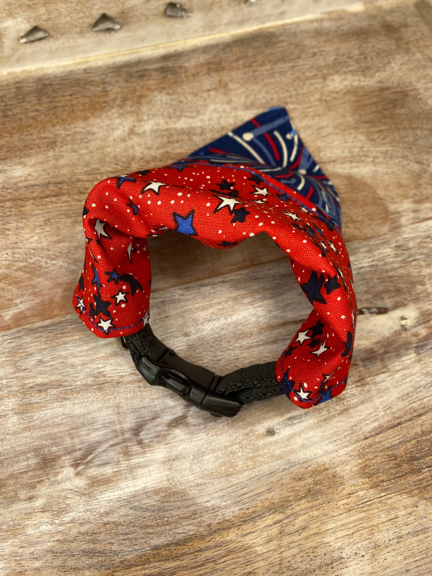 Over the Collar Dog Bandana, Reversible Dog Bandana, Red Stars & Fireworks