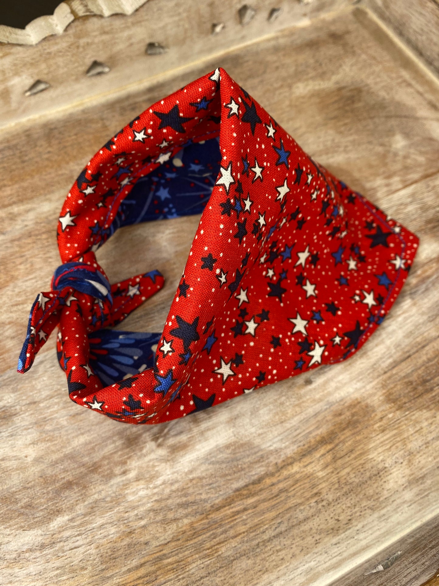 Tie on Dog Bandana, Reversible Dog Bandana, Fireworks & Stars