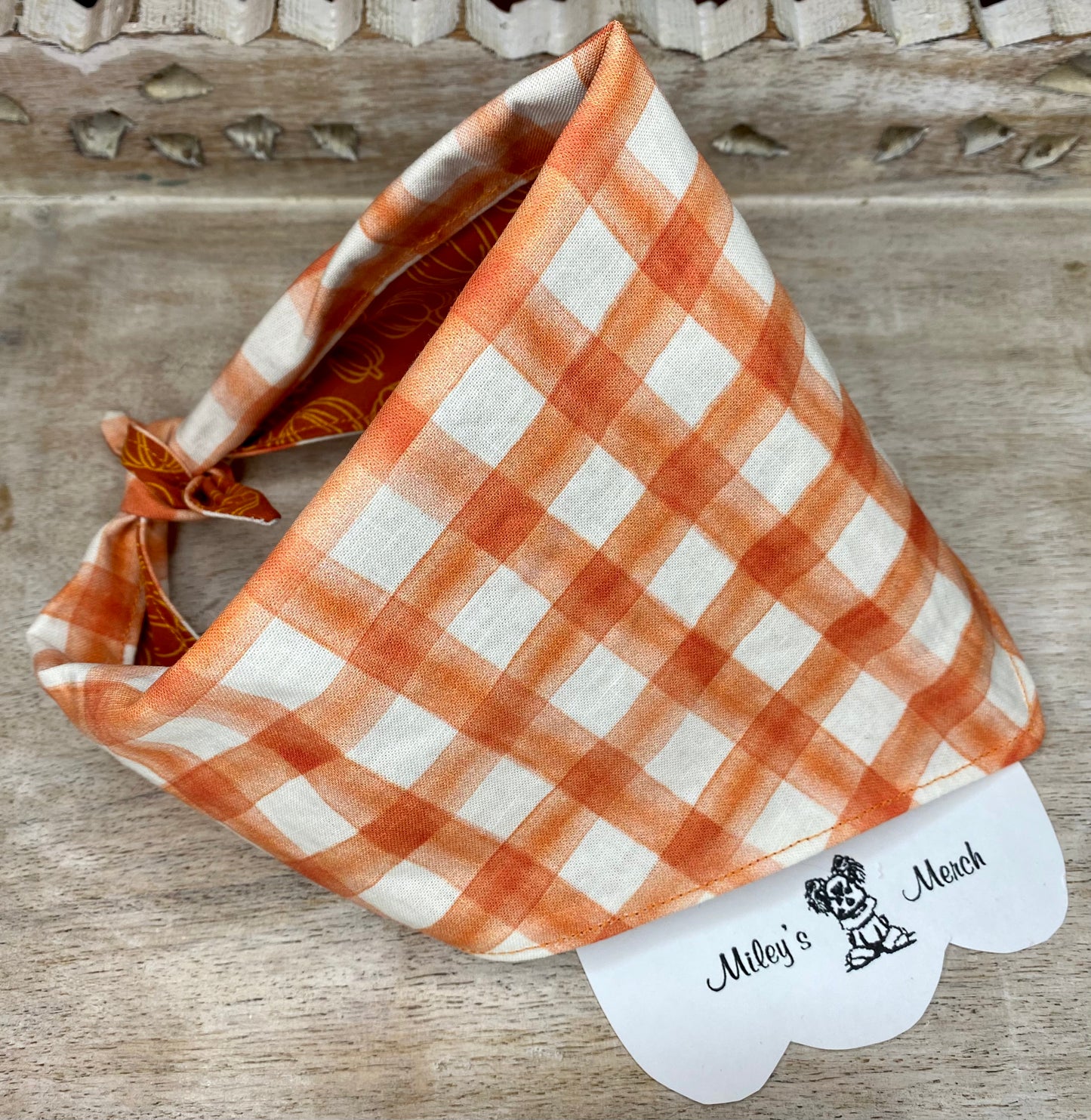 Tie on Dog Bandana, Reversible Dog Bandana, Orange Plaid & Pumpkins