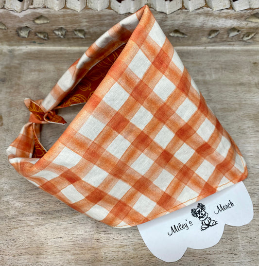 Tie on Dog Bandana, Reversible Dog Bandana, Orange Plaid & Pumpkins