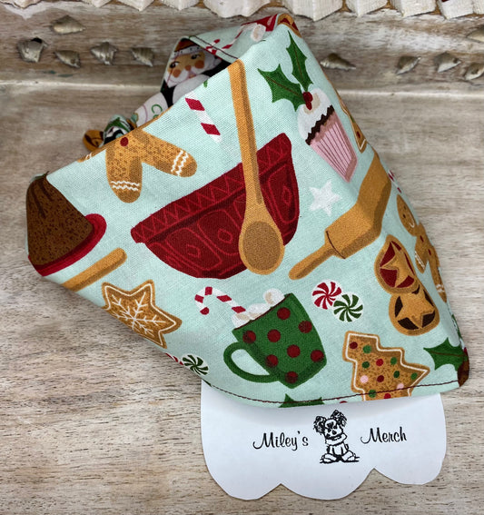 Tie on Dog Bandana, Reversible Dog Bandana, Baking Cookies & Santa Cookies Pattern