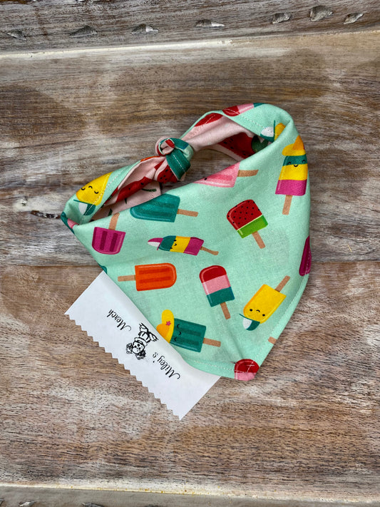 Tie on Dog Bandana, Reversible Dog Bandana, Popsicles & Stawberries