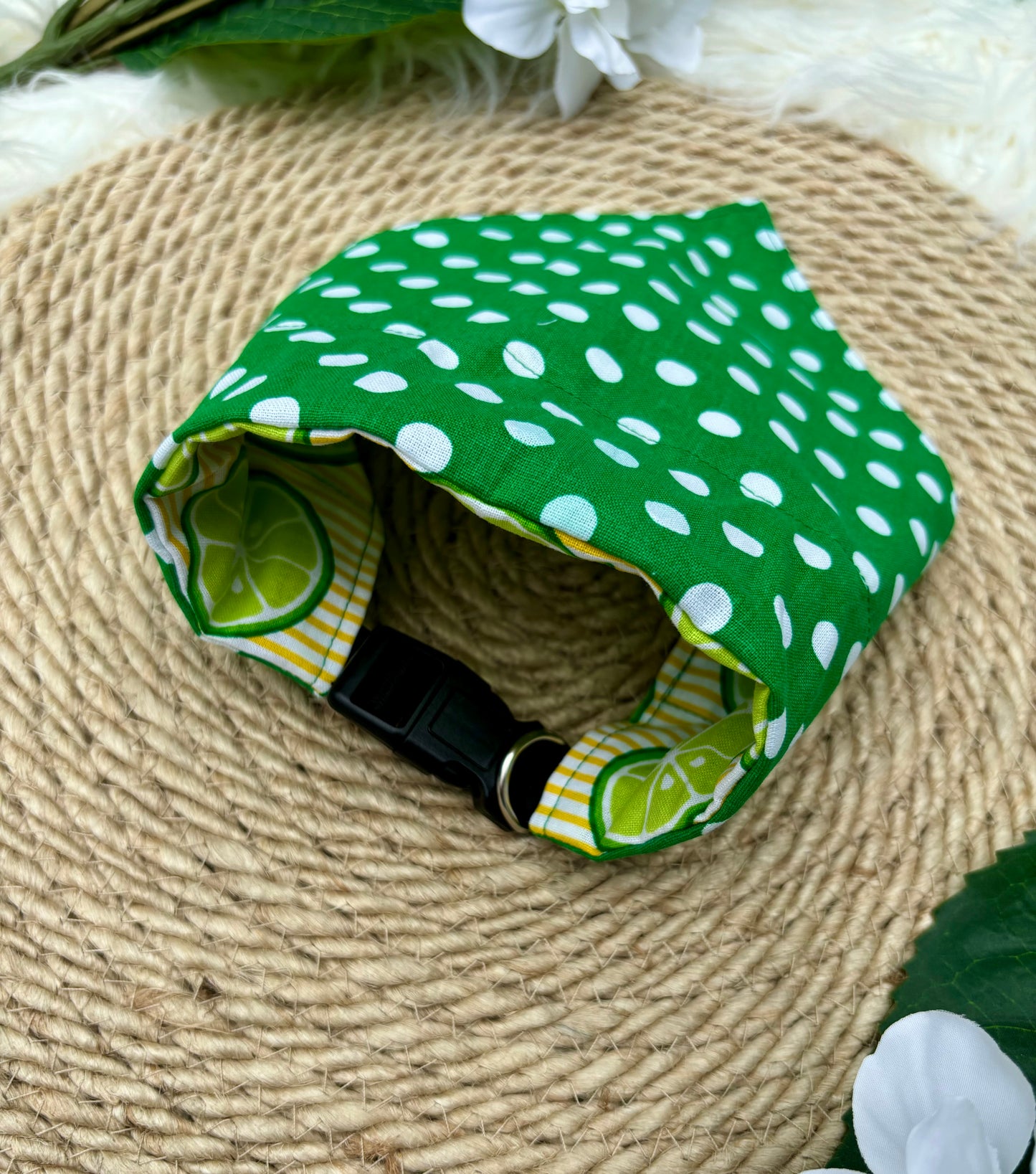 Over The Collar Dog Bandana, Reversible Dog Bandana, Citrus Stripe & Green Poka Dot